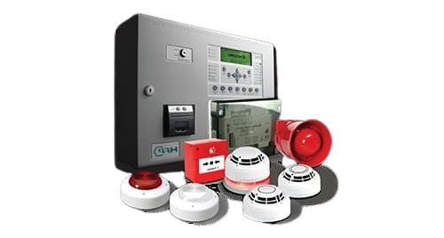 مكونات نظام إنذار الحريق من شركة المستورد الأمنية تشمل لوحة التحكم، كاشفات الدخان والحرارة، محطات السحب اليدوية، وأجهزة الإنذار الصوتية والضوئية المصممة وفق معايير الدفاع المدني السعودي.